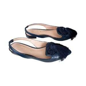 NEW PAULA TORRES Slingback Leather Tassel Navy Flats Sz 8